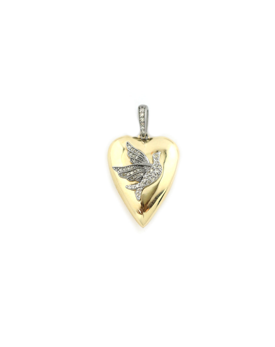 14K Gold Silver Diamond Dove Heart Pendant