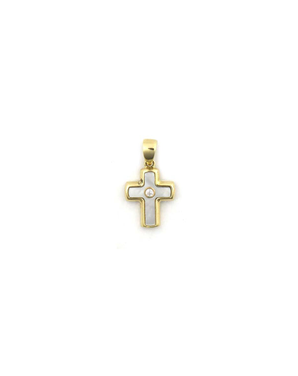 14K Gold CZ Mother of Pearl Cross Charm