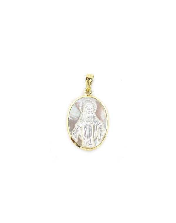 Medium 14K Gold Oval Mother of Pearl Miraculous Mary Charm