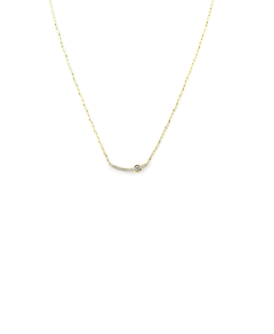 14K Gold Off Center Diamond Bezel Curved Bar Necklace