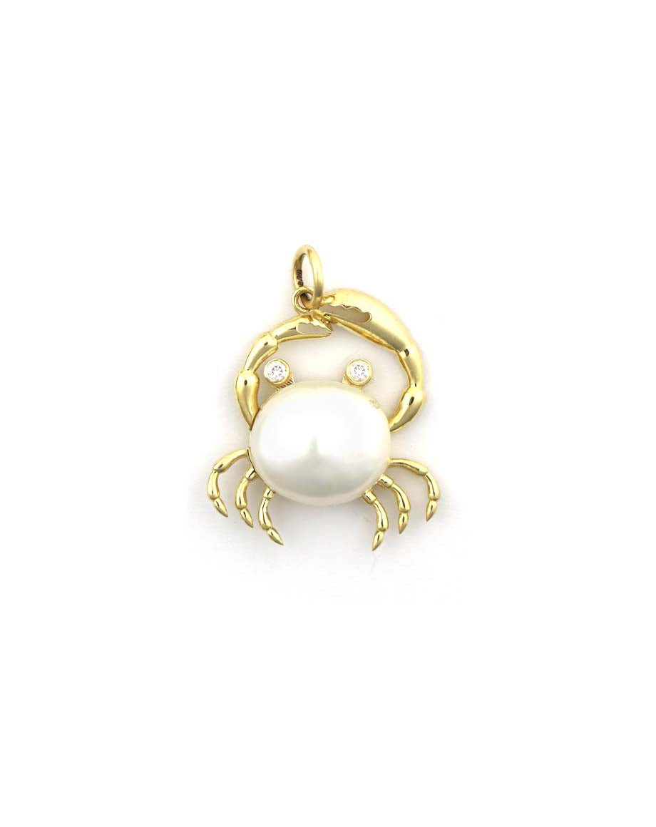 14K Gold Pearl Diamond Crab Charm