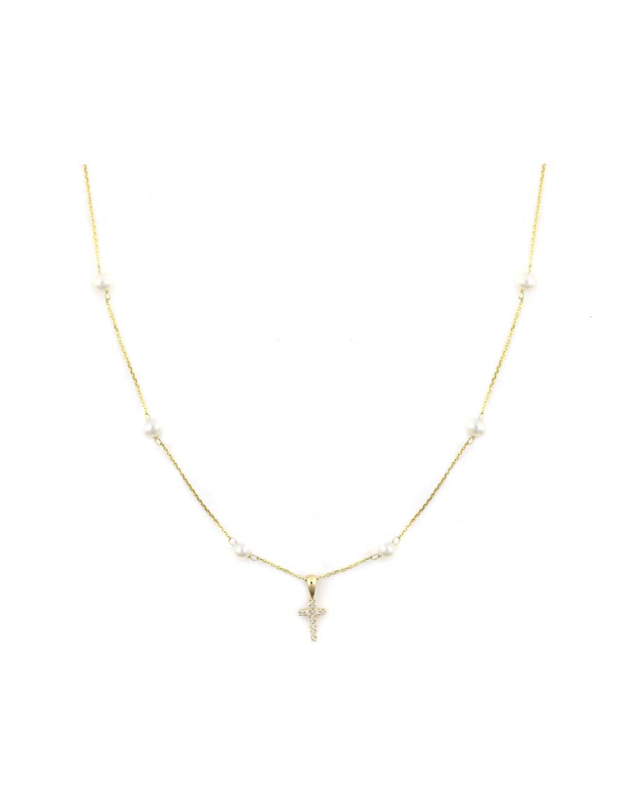 14K Gold Mini Diamond Pearl Cross Necklace