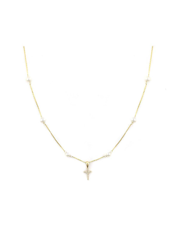 14K Gold Mini Diamond Pearl Cross Necklace