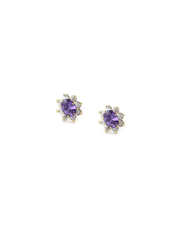 14K Gold Purple Crystal Mini Flower Studs
