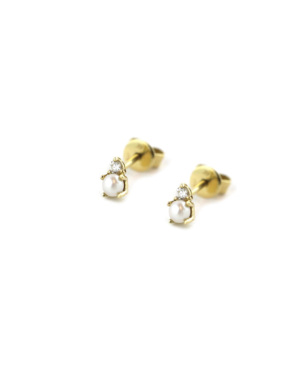 14K Gold Pearl Diamond Tiny Studs