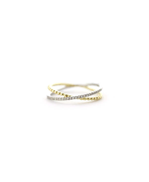 14K Gold Two Tone Dotted Diamond X Ring