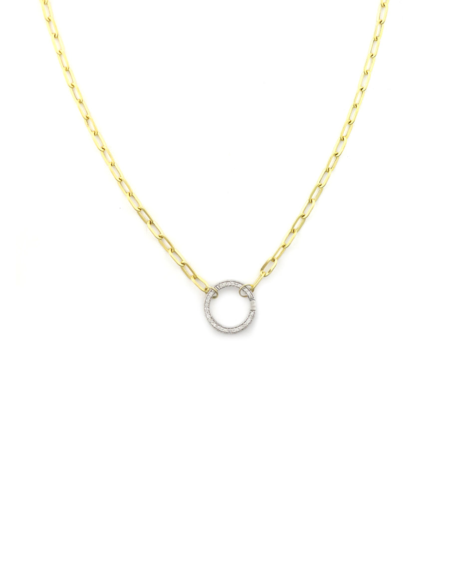 14K Gold 17mm Diamond Lock Necklace: Small Flat Oval Paper Clip