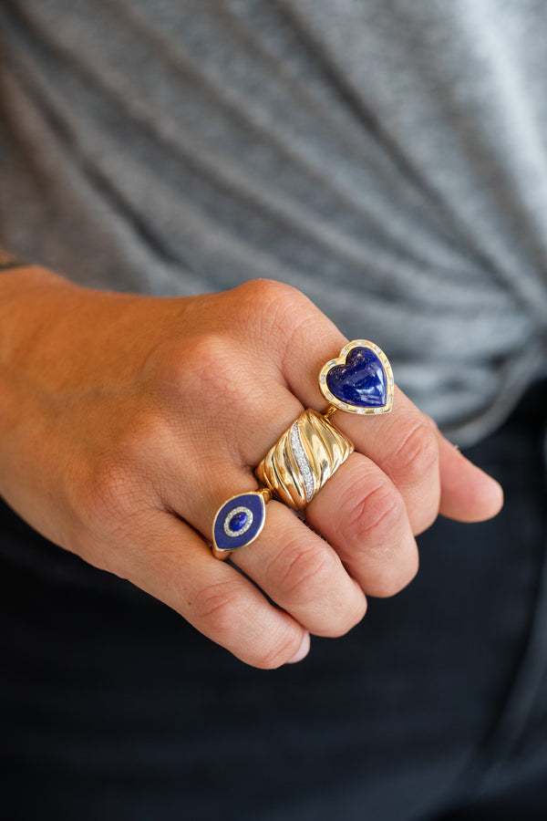 14K Gold Lapis Heart Baguette Diamond Frame Ring