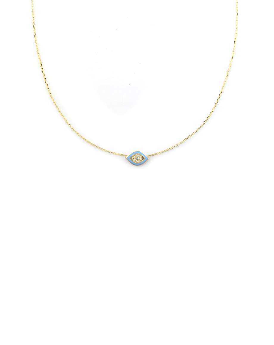 14K Gold Greek Baby Blue Enamel Evil Eye Necklace