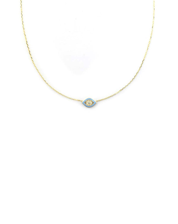 14K Gold Greek Baby Blue Enamel Evil Eye Necklace