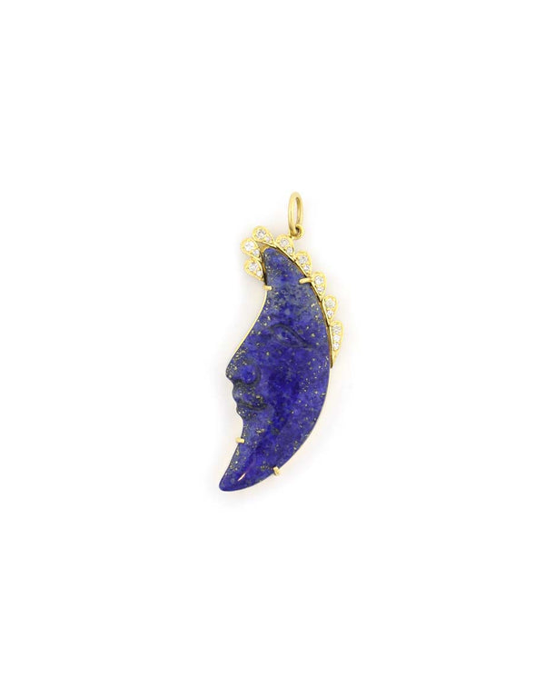 14K Gold Carved Lapis Moon Face Charm