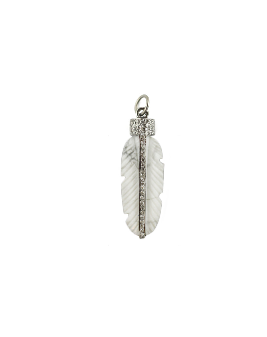 Silver Diamond Carved White Howlite Feather Charm