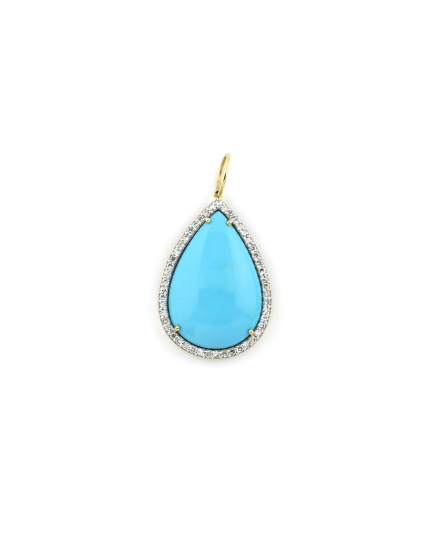 14K Gold Pave Diamond Sleeping Beauty Turquoise Teardrop Pendant