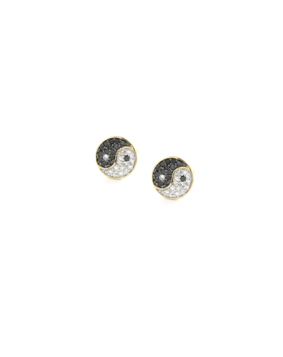 14K Gold Black & White Diamond Yin Yang Studs