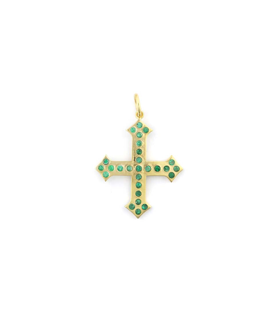 14K Gold Thick Gothic Emerald Cross Charm