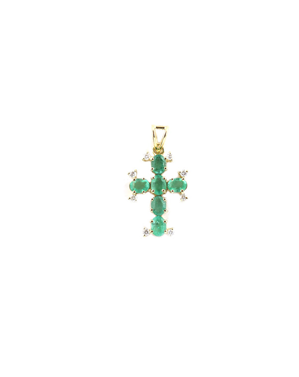 14K Gold Ornate Emerald Diamond Cross Charm