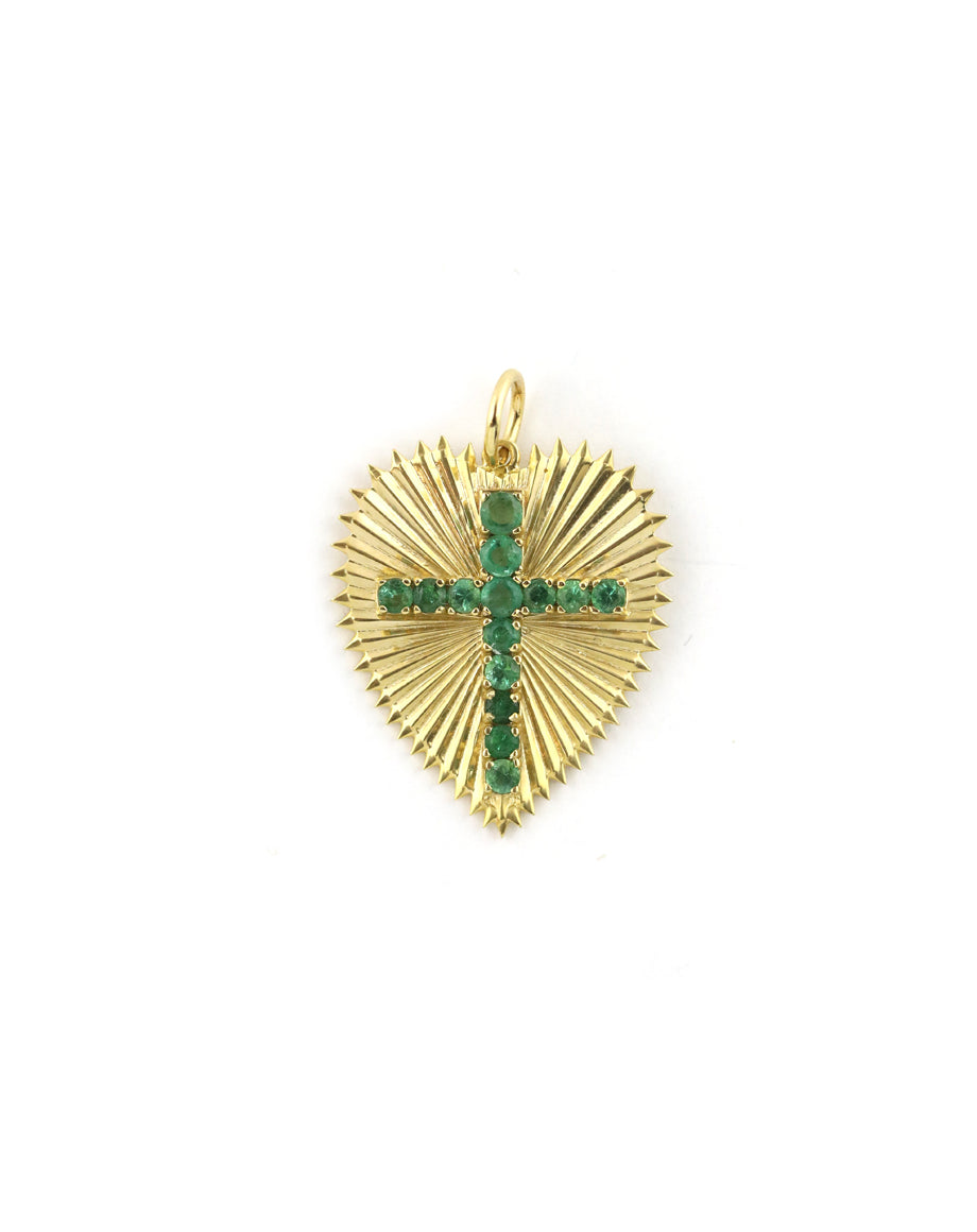 14K Gold Emerald Cross Fanned Heart Charm