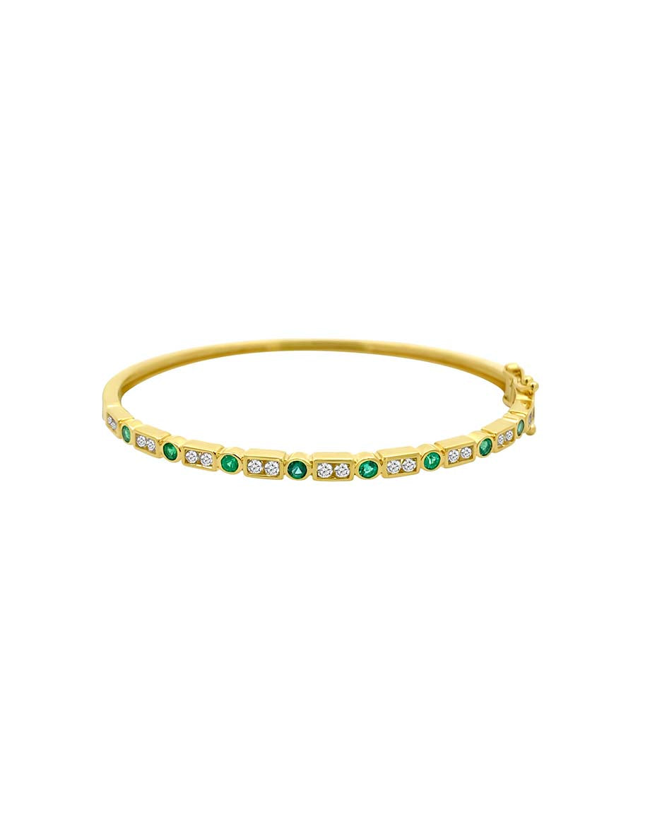 14K Gold Emerald Diamond Bezel Set Bangle