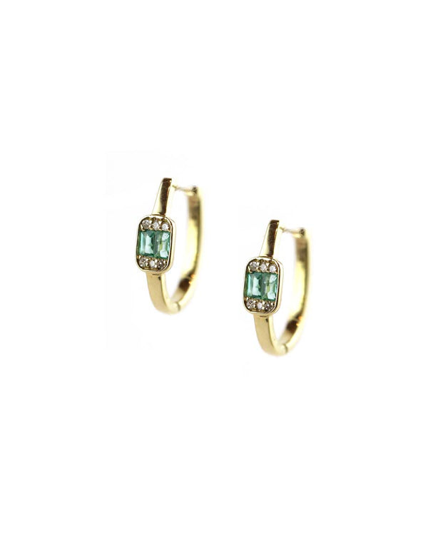 14K Gold Long Oval Diamond Emerald Huggies