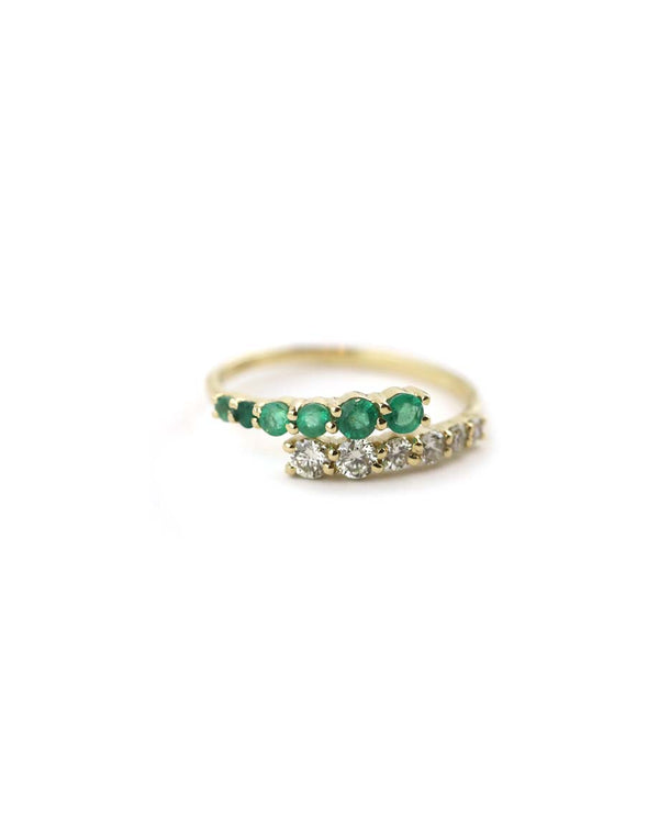 14K Gold Graduated Emerald Diamond Wrap Ring