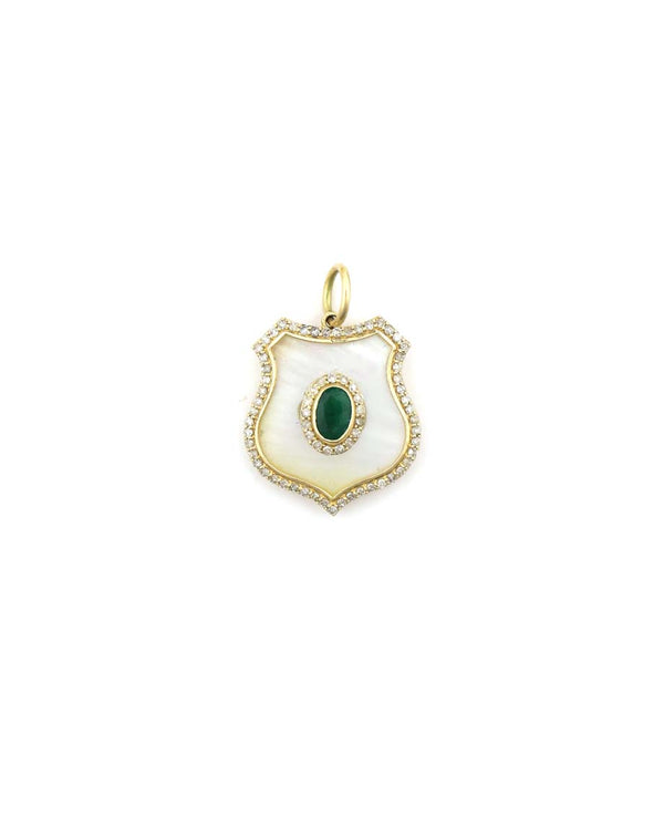 14K Gold Mother of Pearl Oval Emerald Shield Charm