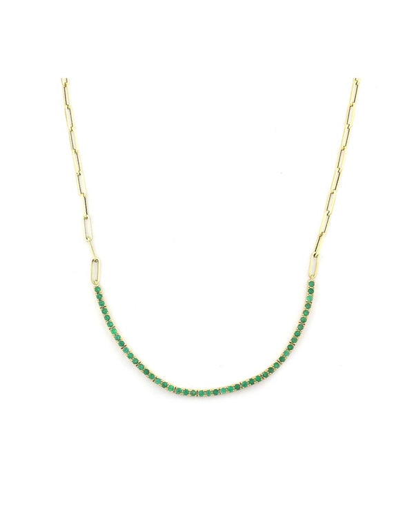 14K Gold Emerald Paper Clip Tennis Necklace