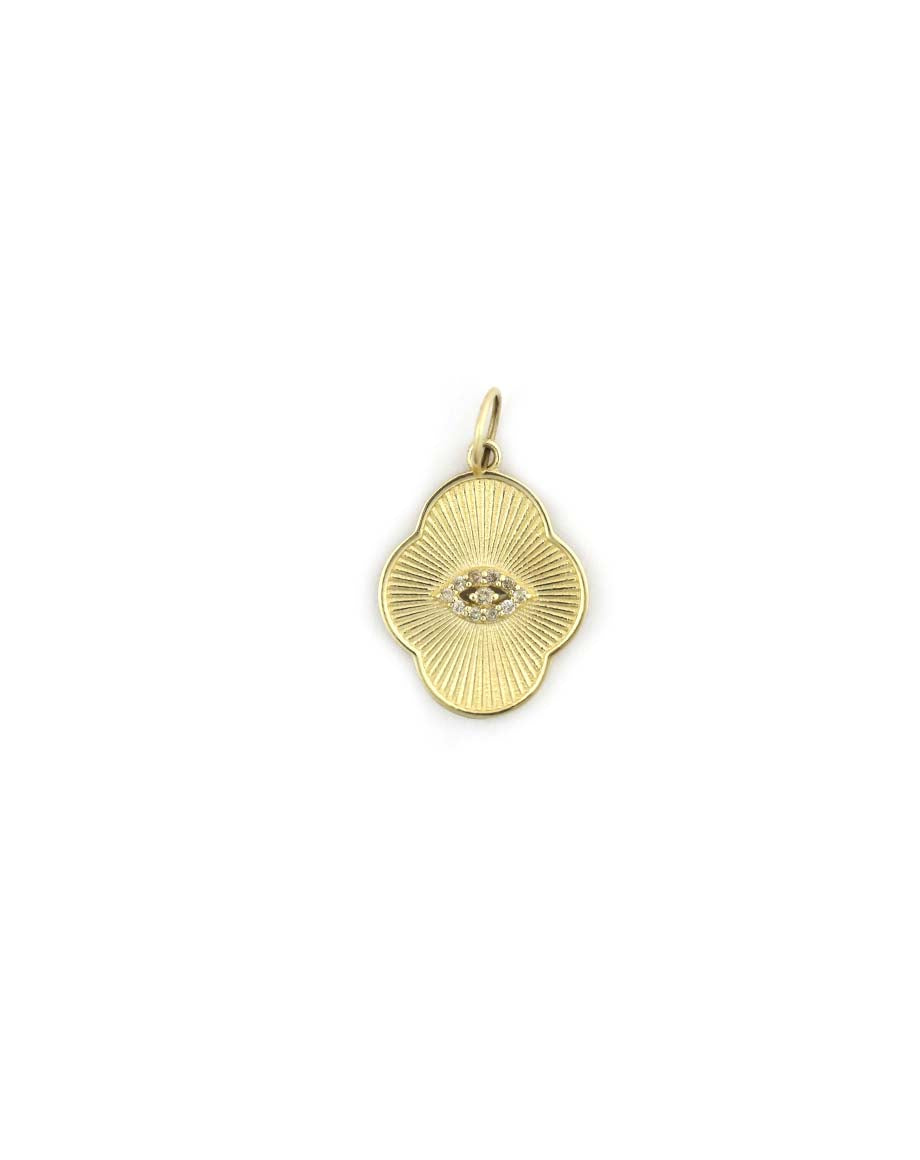 14K Gold Fanned Clover Evil Eye Charm