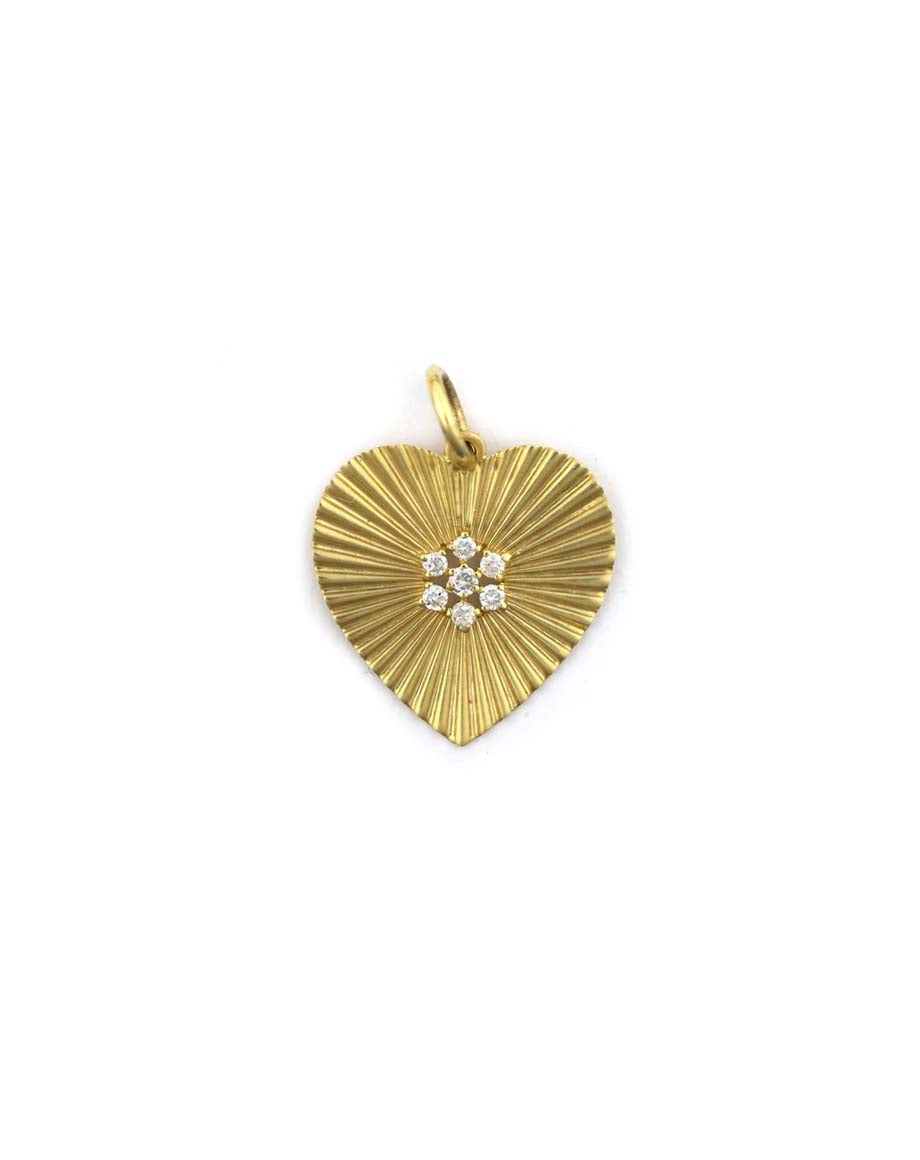 14K Gold Fanned Diamond Flower Center Heart Charm