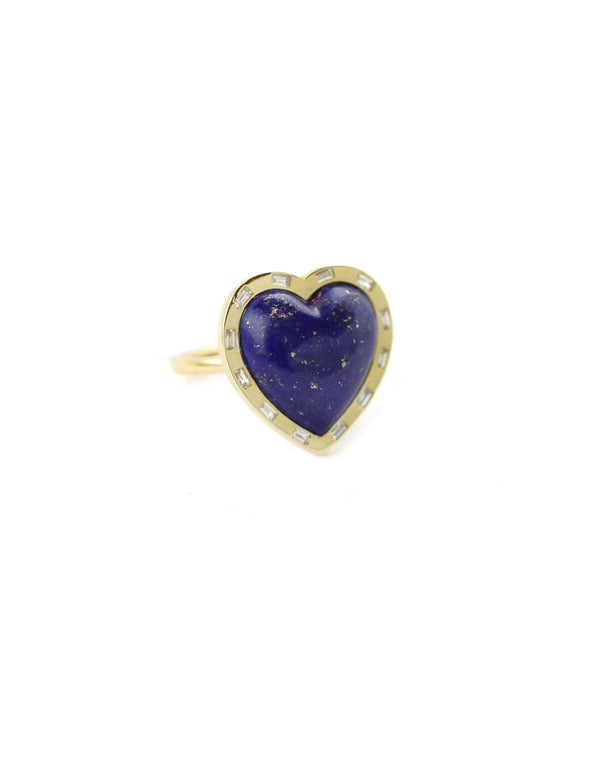 14K Gold Lapis Heart Baguette Diamond Frame Ring