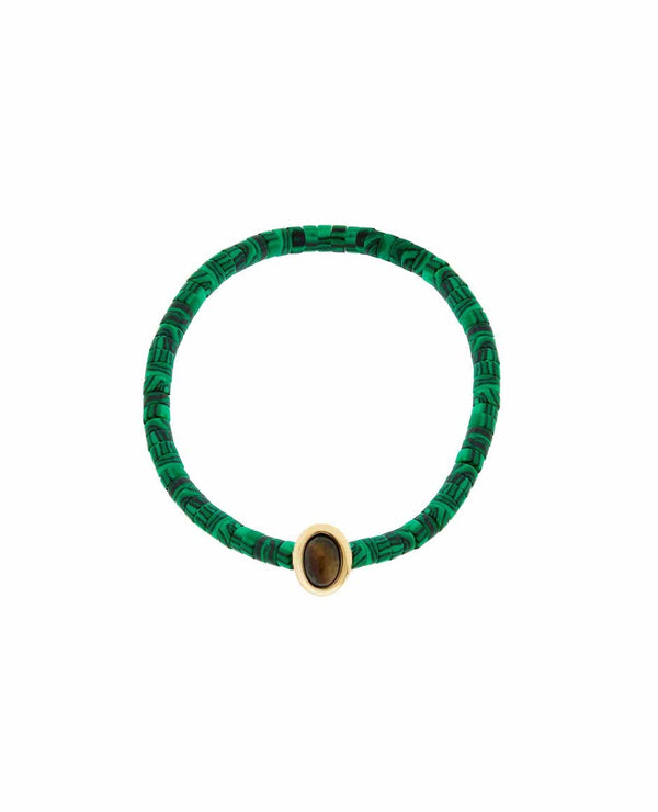 14K Gold Oval Tigers Eye Cabochon Malachite Stretchy