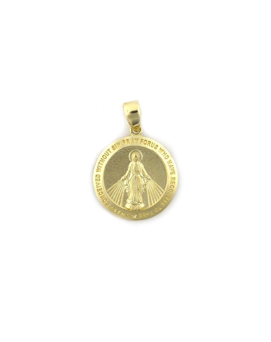 14K Gold Miraculous Mary Round Coin Pendant