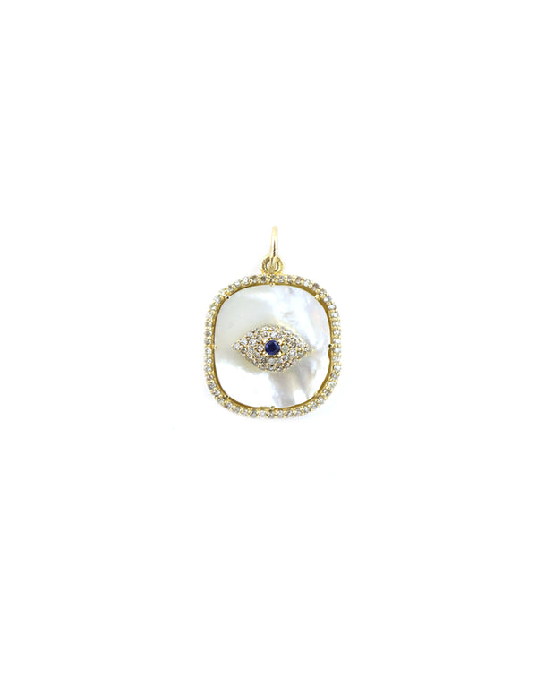 14K Gold Mother of Pearl Square Evil Eye Charm
