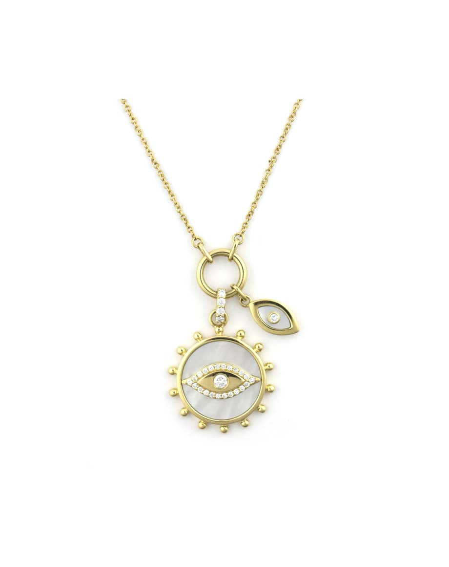 14K Gold Mother of Pearl Evil Eye Double Charm Necklace