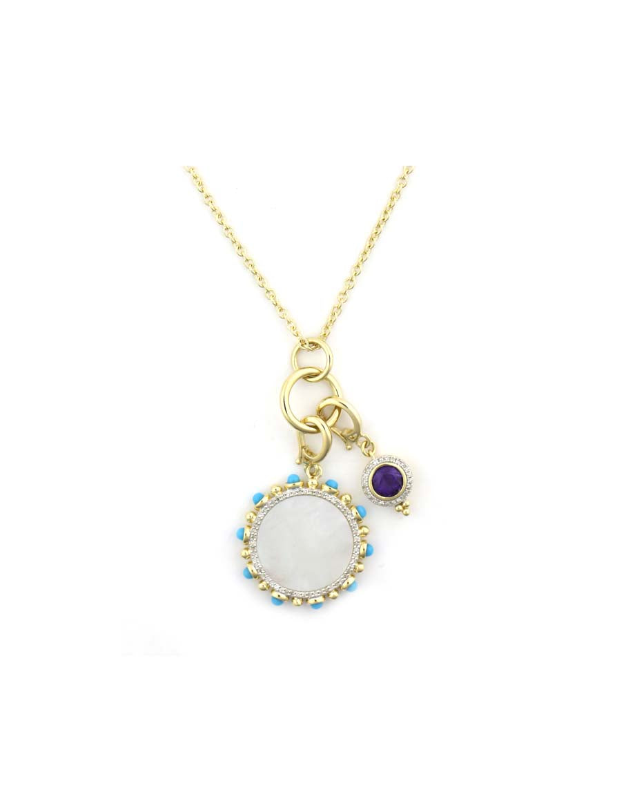 14K Gold Mother of Pearl Turquoise Amethyst Charm Necklace