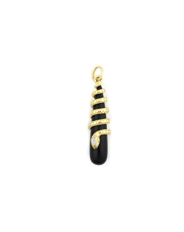 14K Gold Diamond Snake Wrapped Onyx Teardrop Charm