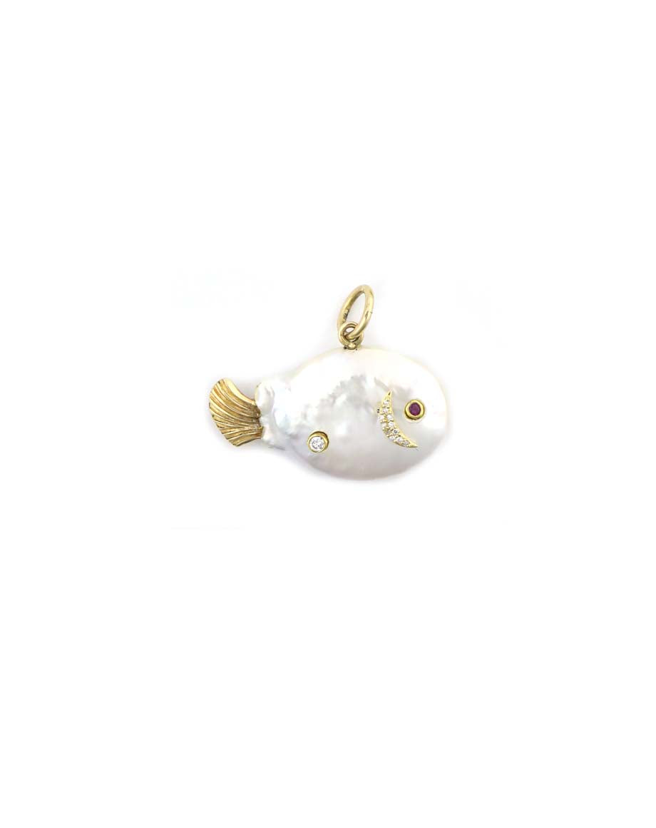 14K Gold Ruby Eye Pearl Fish Charm