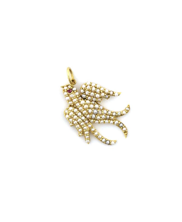 14K Gold Pearl Swallow Charm