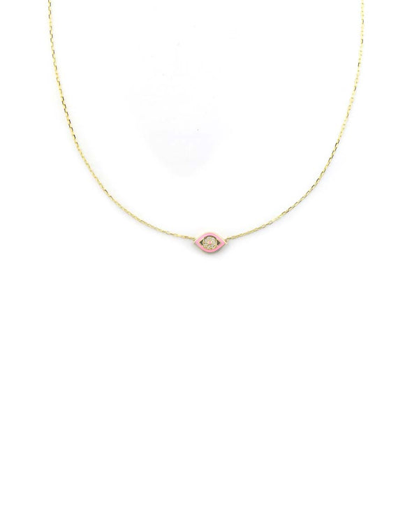 14K Gold Greek Baby Pink Enamel Evil Eye Necklace