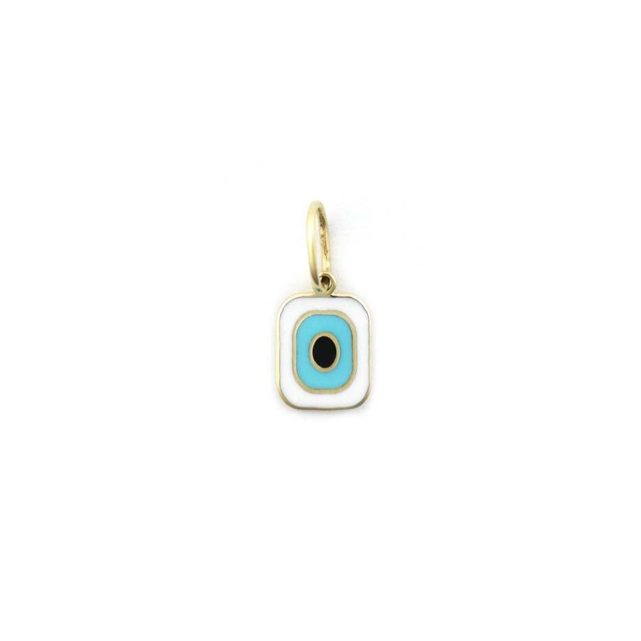 14K Gold White Enamel Rectangle Evil Eye Charm