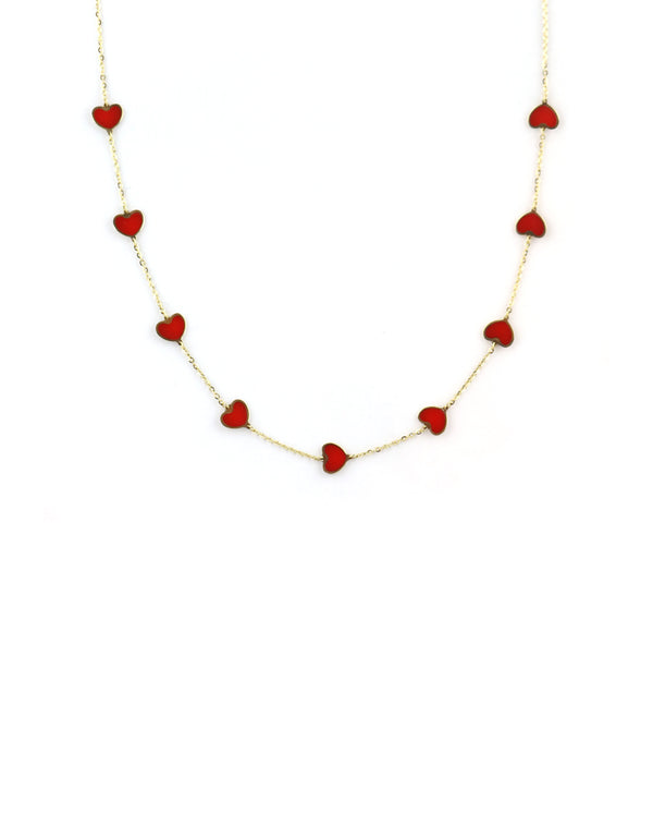 14K Gold Red Agate Inlay Heart Station Necklace