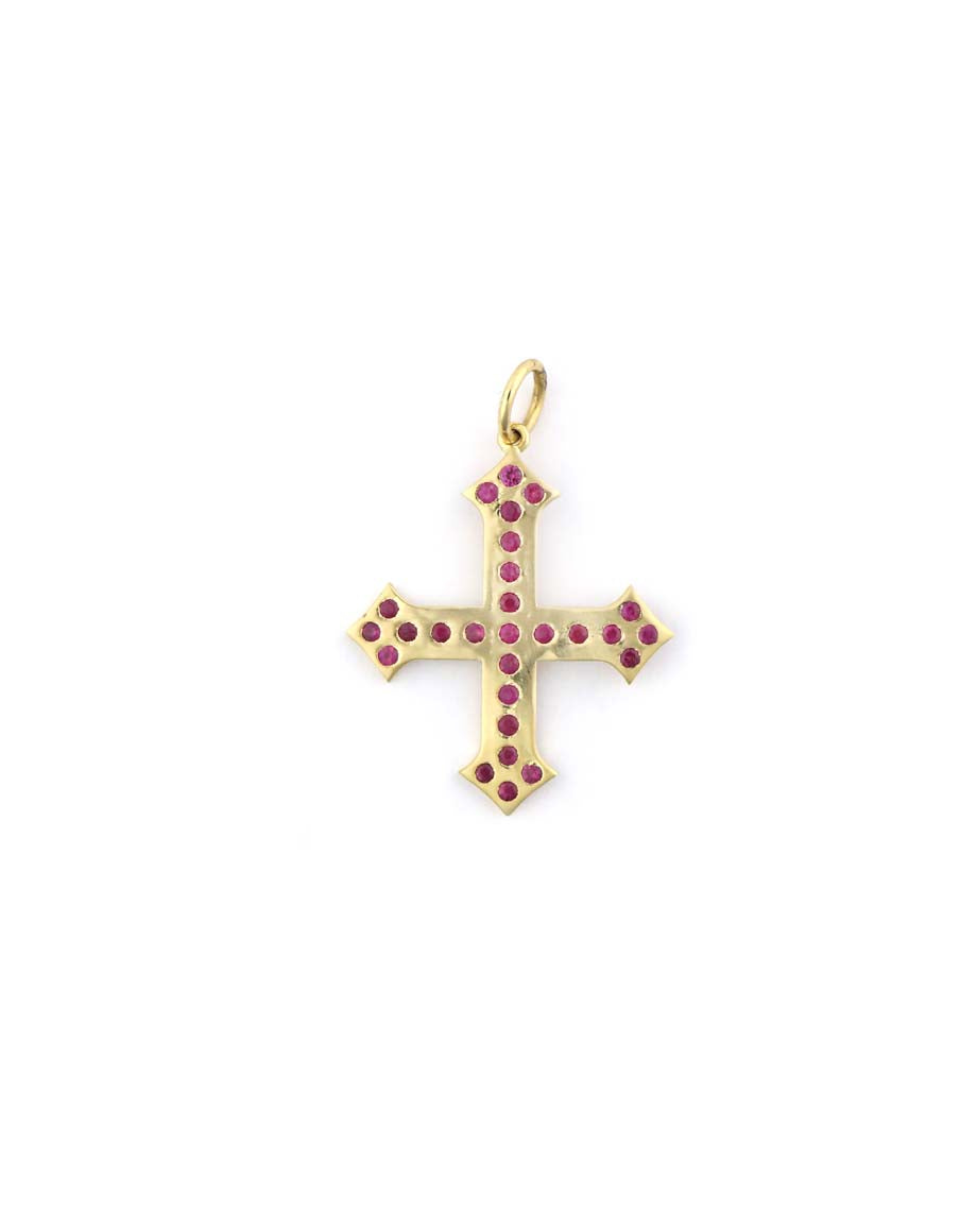 14K Gold Thick Ruby Gothic Cross Charm