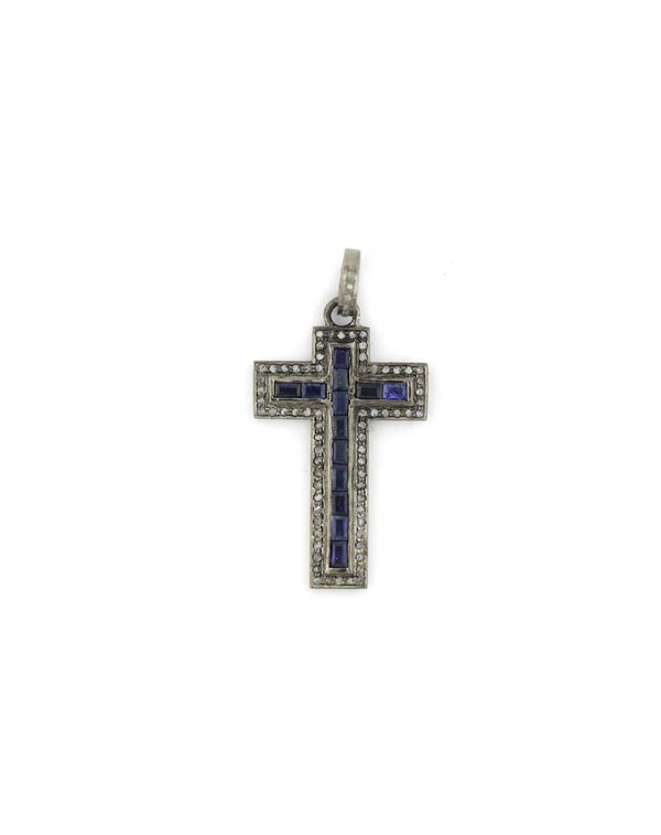 Silver Diamond Baguette Sapphire Cross Charm