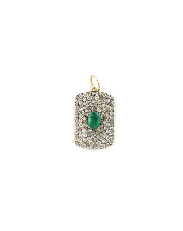 14K Gold Diamond Emerald Dog Tag Charm