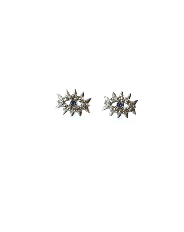 Tiny Matte Silver Spike Evil Eye Studs