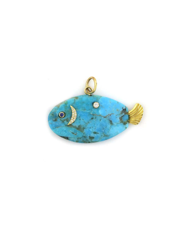 14K Gold Turquoise Diamond Fish Charm