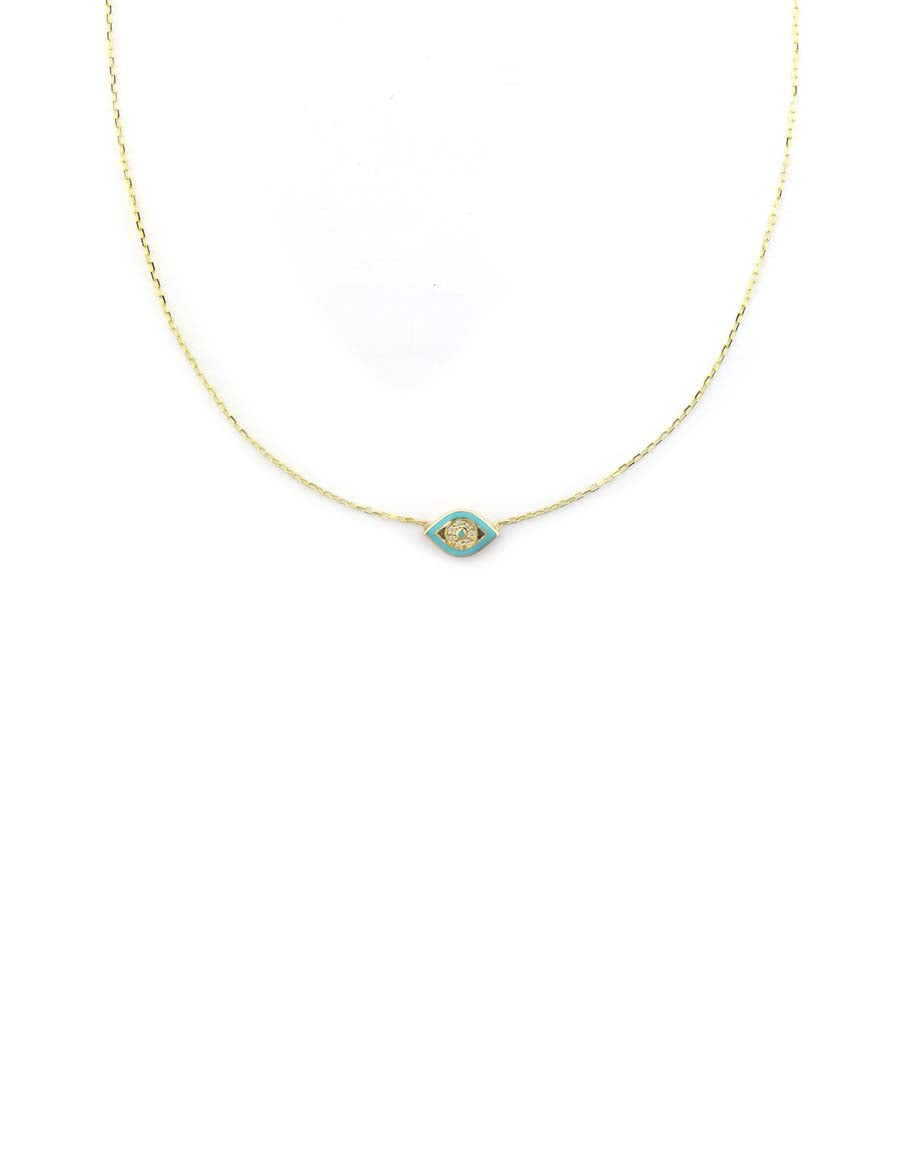 14K Gold Greek Turquoise Enamel Evil Eye Necklace