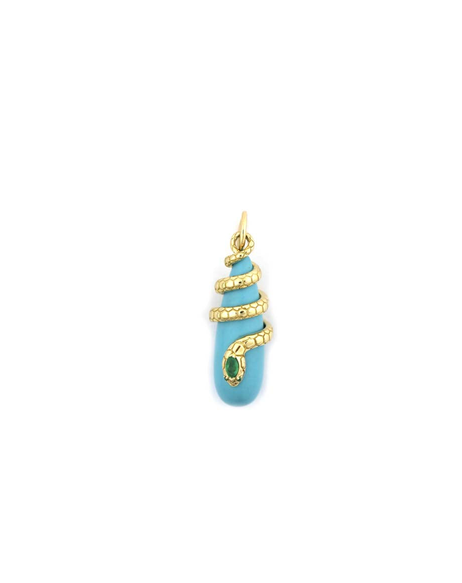 14K Gold Emerald Snake Wrapped Turquoise Teardrop Pendant