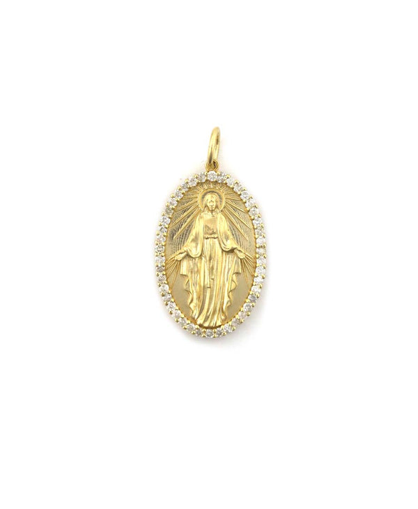 14K Gold Oval Diamond Frame Virgin Mary Charm