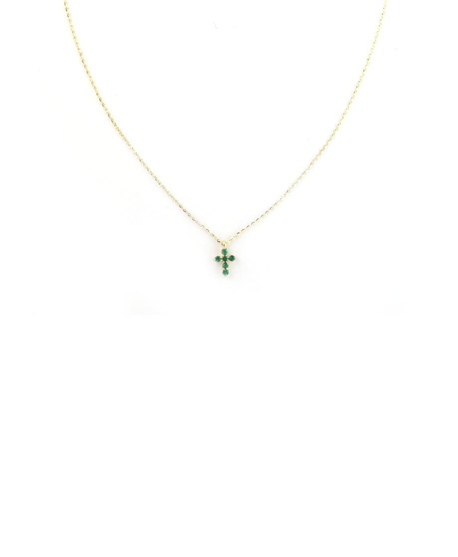 14K Gold Emerald Tiny Cross Necklace