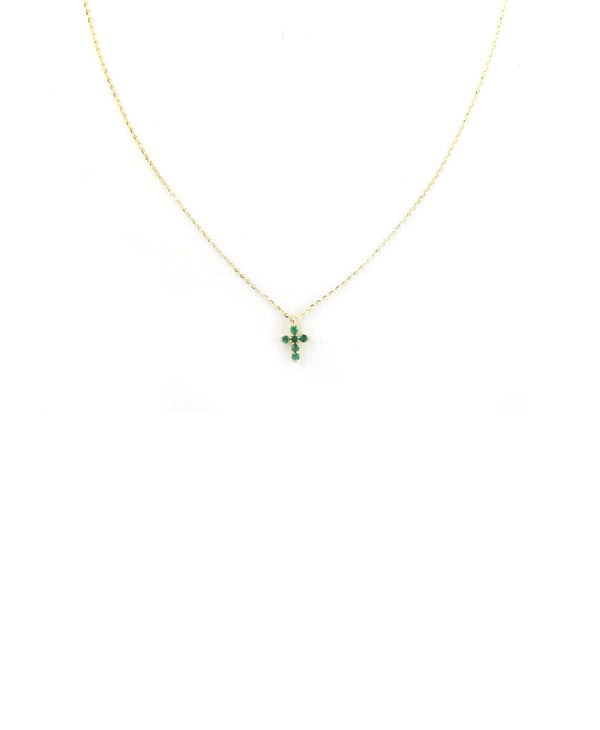 14K Gold Emerald Tiny Cross Necklace